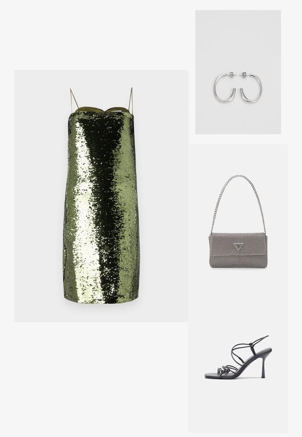 Πράσινο φόρεμα παγιέτα με ίσια γραμμή, λεπτές ρυθμιζόμενες τιράντες, με ανακλαστική υφή και λεπτή σιλουέτα.; Μαύρες ψηλοτάκουνες σανδάλες με λεπτές λωρίδες και σχέδιο με κόμπους, λείο τετράγωνο μπροστινό μέρος και κομψό τακούνι στιλέτο.; Ανοικτό γκρι μεταλλική τσάντα χειρός με αλυσίδα, διακοσμημένη με μικρούς κυκλικούς μεταλλικούς στύλους και ένα τριγωνικό λογότυπο της μάρκας.; Ασημένια σκουλαρίκια κρίκοι με λεία, λαμπερή φινίρισμα. Στρογγυλό σχήμα, ελαφρύ σχέδιο, με κλείσιμο τύπου πίσω.