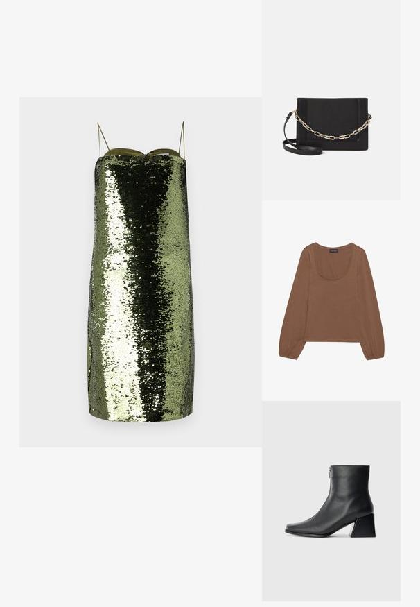 Zelené flitrové šaty se rovnými liniemi, tenkými nastavitelnými ramínky, s reflexní texturou a štíhlou siluetou.; Hnědý top s dlouhým rukávem a kulatým výstřihem, se sbíranými rukávy. Vyrobený z měkké látky s hladkým povrchem.; Černá kožená kotníková bota se čtveratým špičkou, bočním zipem a blokovým podpatkem na jednobarevném světlem pozadí.; Černá kožená crossbody taška s hladkým povrchem, obdélníkovým tvarem a kovovým řetízkem na přední straně. Součástí je nastavitelný popruh.
