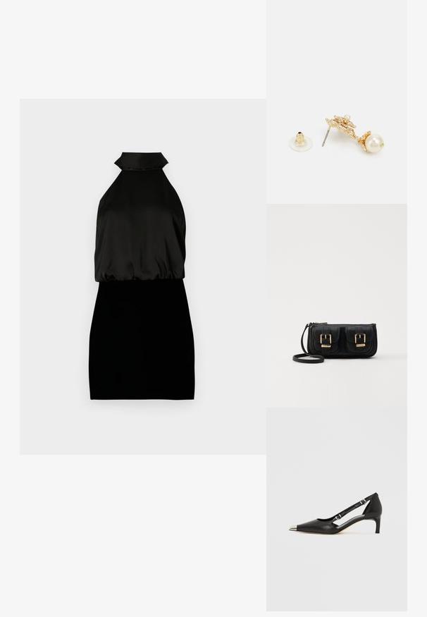 MAX&Co. DONARE - Cocktailkleid/festliches Kleid - schwarz; Schwarzer Lederschuh mit Katzenabsatz, spitzer silberner Zehenkappe und doppelten Schnallenriemen vor weißem Hintergrund.; Schwarze Leder-Umhängetasche mit zwei vorderen Taschen, goldenen Schnallen, Reißverschluss und einem schmalen Tragegurt. Texturierte Oberfläche und kompakte rechteckige Form.; Goldfarbene Ohrringe mit einem dekorativen Design und einem Perlenakzent, Metallstift und transparentem Gummihintergrund.