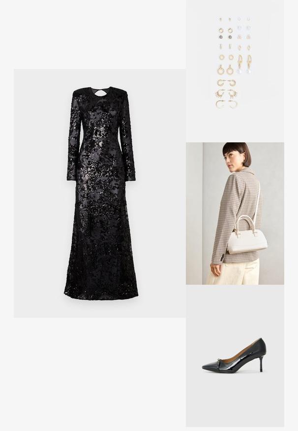 Rochie lungă neagră cu paiete, cu mâneci lungi, decolteu rotund și tăietură pe spate, având o siluetă mulată și o lungime fluidă.; Pantofii cu toc înalt din piele lacuită neagră, cu vârf ascuțit, detalii decorative cu curea în față și toc subțire tip stiletto.; Geantă structurată albă, cu mânere scurte și curea de umăr, având accente din metal aurit și material texturat, expusă pe un fundal gri.; Set de cercei aurii, cu diverse designuri, inclusiv cercei tip stud, cercei hoop și cercei lungi cu perle și strassuri.