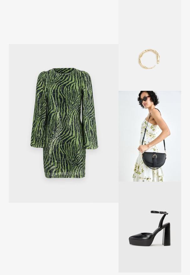 Zelena i crna haljina sa šljokicama s uzorkom zebra pruga, dužim puf rukavima i okruglim dekolteom. Kratak, uski silueta.; Crne platforme s potpeticom s oštrim vrhom i podešivom naramenicom. Izrađene od glatke kože, s masivnom blok petom.; Crna kožna torba s lukovitim oblikom, odvojivim remenom i zlatnim detaljima. Torba ima preklop s kopčom.; Prsten u zlatnoj nijansi s organskim, uvijenim dizajnom, glatkom teksturom i suženim krajevima, koji stvara moderan, skulpturalni izgled.
