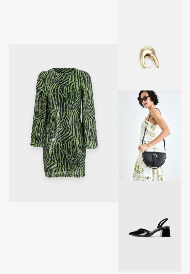 Zöld és fekete flitteres ruha, zebra csíkmintázattal, hosszú puffos ujjakkal és kerek nyakkivágással. Rövid, testhez simuló sziluett.; Fekete lakk bőr szandálkés magas sarkú cipő, hegyes orral és geometrikus tömbsarkakkal. Karcsú, minimalista dizájn és sima textúra jellemzi.; Fekete bőrtáska ívelt formával, levehető pánttal és arany színű fémrészekkel. A táskán egy csattal díszített fedél található.; Aranyszínű fém fülbevaló, elegáns, ívelt formával. Különleges hegyes alak, fényes felszín és zsanéros záródás jellemzi.