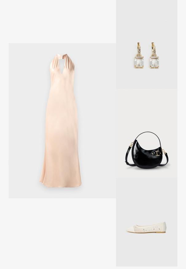 Halter stila kleita gaiši persiku satīnā, ar dziļu V veida kakla izgriezumu un piegulīgu siluetu, ar izplešanos apakšējā malā.; Krēmsādas apavi ar pointēto pirkstu un caurspīdīgu augšdaļu, apkaisa ar izkaisītiem rhinestones. Mīksta zole ērta valkāšanai, minimālisma dizains.; Melnas patenta ādas rokassomas ar izliekta formu, regulējamu siksnu un zelta krāsā metāla detaļām sānos. Gluda, mirdzoša tekstūra.; Zeltītas auskaru rotas, kuru centrā ir taisnstūra formas caurspīdīgs kristāls, kas karājas zem mazu, apaļu caurspīdīgu akcentu rindas. Elegants, mūsdienīgs dizains.