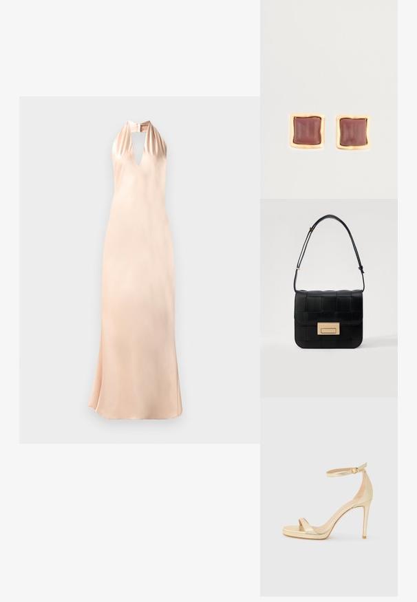 Halter neck dress in light peach satin, featuring a deep V-neckline and a fitted silhouette, with a flared hem at the bottom.; Gold metallic high-heeled sandal with an open toe, ankle strap with a buckle, and a platform sole for added height. Smooth texture.; Loeffler Randall DESI CROSSBODY WITH LOCK HARDWARE - Cross body bag - black; Square stud earrings featuring a deep burgundy center with a gold-tone, textured frame. Smooth surface with rounded edges.