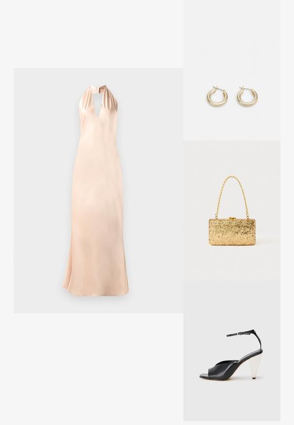 Halter neck dress in light peach satin, featuring a deep V-neckline and a fitted silhouette, with a flared hem at the bottom.; Black leather high heel sandal with open toe, asymmetrical design, ankle strap, and a metallic cone-shaped heel. Smooth texture throughout.; Gold sequin clutch with a rectangular shape, featuring a twisted chain handle and a metal clasp closure, reflecting light with a textured finish.; Lauren Ralph Lauren BASIC SMALL HOOP - Earrings - gold-coloured