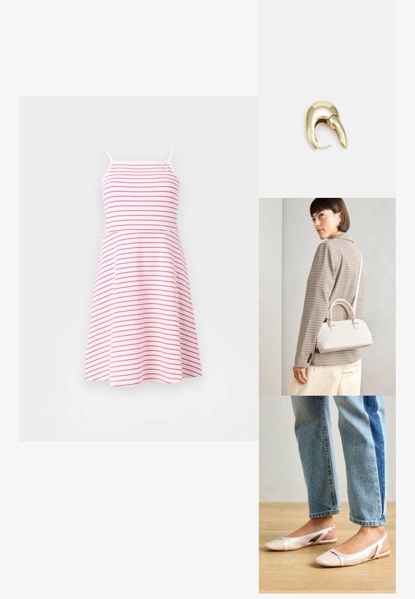 Strap dress in white with pink horizontal stripes, fitted bodice, flared skirt, made from soft material. Adjustable thin straps.; Pale pink slingback flats with a pointed toe, made from a smooth leather-like material. Features cut-out details at the sides and a flat heel.; White structured handbag with short handles and a shoulder strap, featuring gold hardware accents and textured material, displayed against a grey background.; Gold-tone metal earring with a sleek, curved design. Features a distinctive pointed shape, polished surface, and hinge closure.