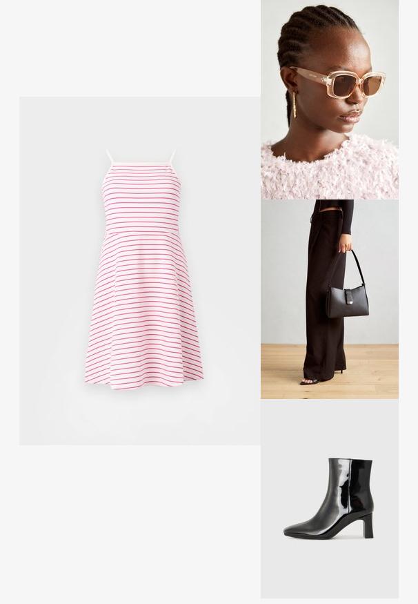 Bílé šaty na ramínka s růžovými horizontálními pruhy, přiléhavý korzet, áčková sukně, vyrobené z měkkého materiálu. Nastavitelné tenké ramínka.; Černé lakované kotníkové boty s špičatou špičkou a středně vysokým blokovým podpatkem. Hladká textura a minimalistický design.; Béžové oversized sluneční brýle s transparentním rámem a hnědými skleněnými čočkami, které mají jemné květinové detaily a výrazný, geometrický design.; Černá kabelka se strukturovaným tvarem, hladkým povrchem a kovovým uzávěrem. Kombinována s širokými černými kalhotami a sandály s otevřenou špičkou na dřevěné podlaze.
