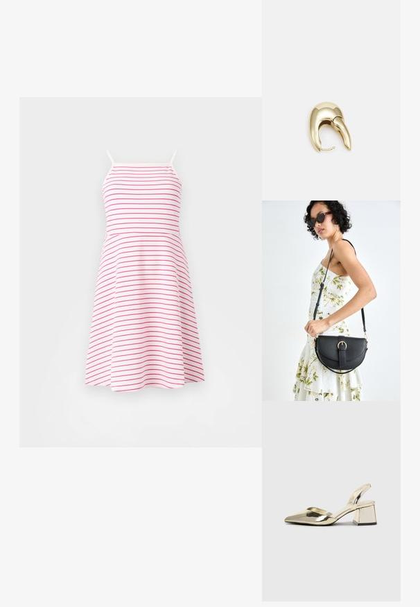 Balta kleita ar rozā horizontālām svītrām, pieguļoša augšdaļa, izplestā svārku daļa, izgatavota no mīksta materiāla. Regulējami plāni plecu siksniņas.; Zeltaini, metāla kurpes ar siksniņām, norakans purngalis un masīla papēdis. Gluda tekstūra, minimālisma dizains un šaura siksna.; Melnas ādas rokassoma ar izliekta formu, noņemamu siksnu un zelta aksesuāriem. Somai ir vāciņš ar sprādzes detaļu.; Zeltīti metāla auskari ar gludu, izliekta dizaina. Ar atšķirīgu smailu formu, pulētu virsmu un eņģu aizdari.