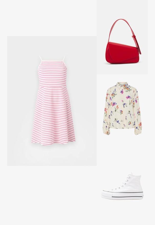 Bela obleka s horizontalnimi rožnatimi črtami, prilegajoč zgornji del, širšo krilo, izdelana iz mehke tkanine. Nastavljive tanke naramnice.; Cvetna bluzica z dolgimi puff rokavi, svetlo smetanaste barve, s purpurnimi, oranžnimi in zelenimi cvetličnimi vzorci ter klasičnim ovratnikom.; Beli visoki platneni športni čevelj z črnim gumijastim podplatom, sprednjim gumijastim zaščitnikom za prste in šestimi luknjicami za vezalke, ki se ponaša s preprostim, minimalističnim dizajnom.; Rdeča usnjena torba z angularnim, geometrijskim dizajnom. Ima en samostoječ nastavljiv ročaj in pokrov, zaprt z zapiranjem, ki je okrašen s šivi.