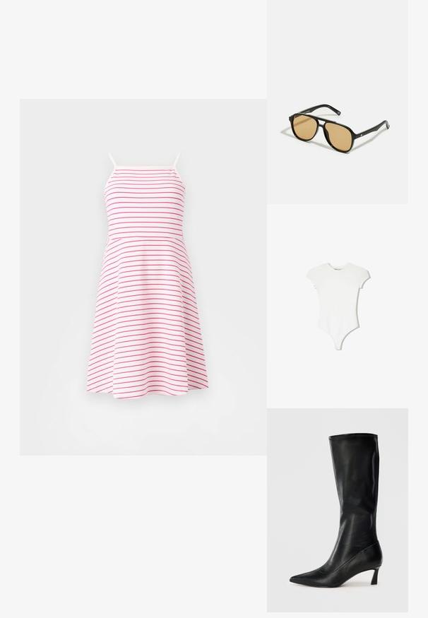 Trägerkleid in Weiß mit rosa horizontalen Streifen, tailliertes Oberteil, ausgestellt Rock, aus weichem Material. Verstellbare dünne Träger.; Weißes Kurzarm-Bodysuit aus weichem, dehnbarem Stoff, mit einer figurbetonten Passform, rundem Ausschnitt und einem String-Stil-Unterteil.; Schwarze Lederstiefel in Knielänge mit spitzem Zehenbereich und moderatem Absatz. Glatte Textur und elegantes Design mit dezenten Steppnähten.; Schwarze Sonnenbrille mit braun getönten Gläsern; rechteckige Form mit einem dicken Rahmen, einschließlich subtiler Hardware-Akzente an den Bügeln.; Schwarze Leder-Taschen mit dreieckiger Form, einem verstellbaren Schultergurt und einer weichen, leicht durchhängenden Struktur.