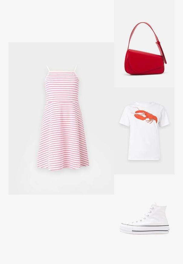 Fehér színű, rózsaszín vízszintes csíkos pántos ruha, testhez simuló felsőrésszel, bővülő szoknyával, puha anyagból készült. Állítható vékony pántokkal.; Fehér pamut póló, amelyen elöl egy nagy, élénkpiros homár grafika látható. Rövid ujjú és standard környakú kialakítás.; Fehér magaskorsó vászon sportcipő fekete gumi talppal, elülső gumi orrnyereggel és hat fűzőlyukkal, letisztult, minimalista dizájnnal.; Piros bőr kézitáska szögletes, geometrikus kialakítással. Egy állítható pánttal és varrott részletekkel ellátott fedélzárral rendelkezik.