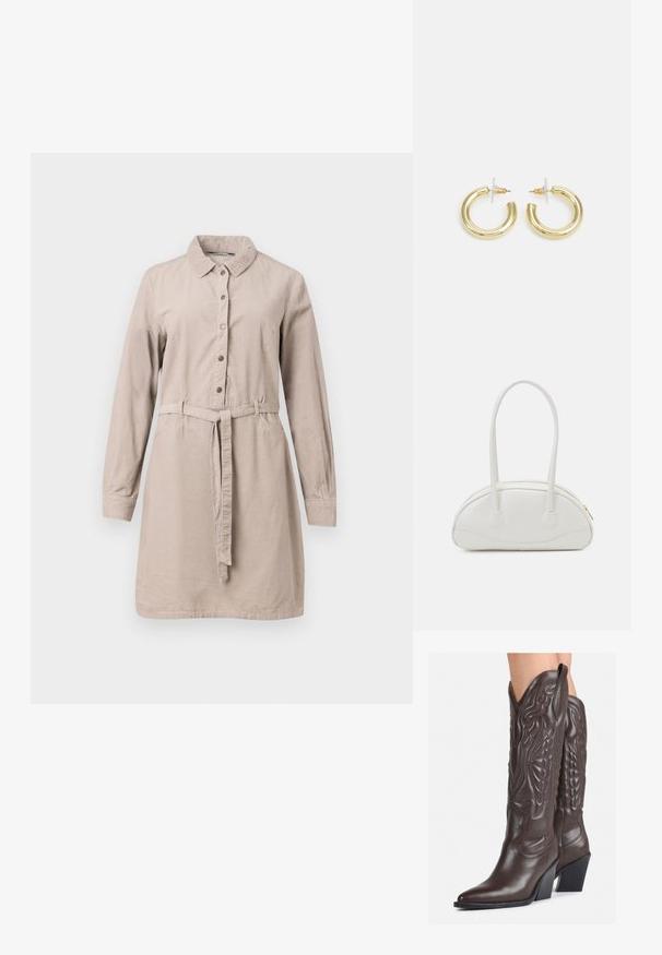 Beige, pitkähihainen paitamekko, joka on valmistettu pehmeästä kankaasta. Mekossa on napitus edessä, vyö vyötäröllä ja kaulus.; Ruske nahkasaappaat, joissa on terävä kärki ja laatikkokorko, varustettu yksityiskohtaisella ompelulla ja kohotetuilla yksityiskohdilla varsiosassa.; Even&Odd Käsilaukku - off-white; Kultaketjut kullasta, joissa on sileä, kiiltävä pinta. Pyöreä muotoilu, jossa on pieni tappi ja kirkas taustalevy turvalliseen käyttöön.