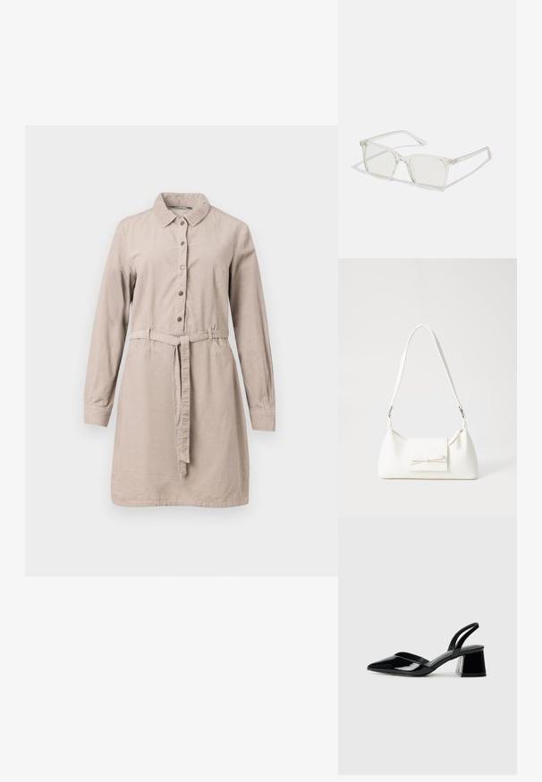 Rochie cambrată, bej, cu mâneci lungi, confecționată dintr-un material moale, având un închidere cu butoane în față, o curea la talie și guler.; Pantofi cu toc slingback din piele lacuită neagră, cu vârf ascuțit și toc geometric. Prezintă un design elegant, minimalist și o textură netedă.; Ochelari de vedere cu rame pătrate din plastic transparent, dotate cu lentile translucide și accente aurii pe temple pentru un detaliu suplimentar.; Geantă sintetică albă, cu formă triangulară, capac frontal plat și detaliu cu fundă, curea ajustabilă, textură netedă și design minimalist.