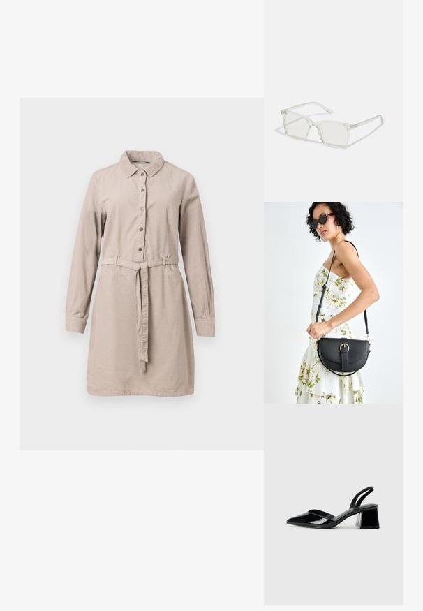 Beige, langermet skjortekjole laget av myk stoff, med knapper foran, belte i midjen og krage.; Svarte patentlær slingback hæler med spiss tå og geometrisk blokk hæl. Har et stilrent, minimalistisk design og jevn tekstur.; Klare plastiske briller med kvadratisk innfatning og gjennomsiktige linser, med gullfiner på brillestengene for ekstra detalj.; Svart lærveske med en buet form, avtagbar stropp og gullbeslag. Vesken har et klaff med spenne-detall.