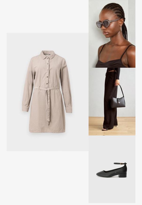 Robe chemise beige à manches longues en tissu doux, dotée d'une fermeture à boutons sur le devant, d'une ceinture à la taille et d'un col.; Escarpin en cuir noir avec un bout pointu et un petit talon bloc. Doté d'une bride de cheville avec une boucle dorée. Texture lisse.; Lunettes de soleil grises surdimensionnées avec une forme arrondie et des verres foncés. Monture en plastique élégante avec une finition lisse. Le modèle a des cheveux tressés.; Sac à main noir à la forme structurée, texture lisse et fermoir métallique. Associé à un pantalon noir ample et des sandales ouvertes sur un sol en bois.