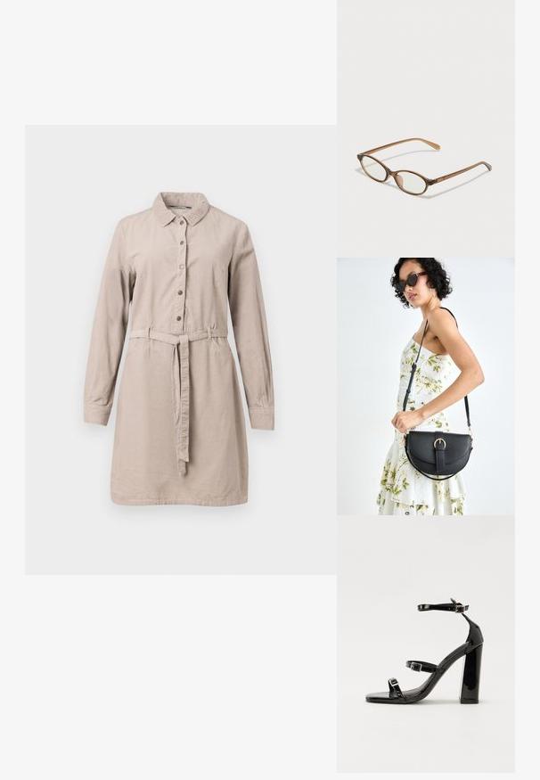 Rochie cambrată, bej, cu mâneci lungi, confecționată dintr-un material moale, având un închidere cu butoane în față, o curea la talie și guler.; Sandale cu toc din patent negru, cu vârf pătrat, curele la gleznă și catarame din argint. Dispune de un toc gros pentru stabilitate.; Ochelari în nuanță de țestoasă maro, cu lentile ovale, brațe subțiri și accente transparente. Prezintă un logo subtil pe tâmplă. Design elegant și ușor.; Geantă din piele neagră, cu o formă curbată, curea detașabilă și accesorii aurii. Geanta are un capac cu un detaliu tip cataramă.