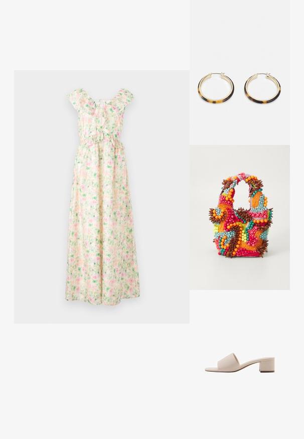 Maxi šaty z lehkého materiálu se květinovým vzorem v růžové a zelené barvě, volánkovým výstřihem, krátkými rukávy a elastickým pasem.; Béžová sandála na bloku s širokým páskem a otevřenou špičkou. Hladký materiál a elegantní design. Krátký, pevný podpatek pro stabilitu.; Beaded kabelka s živými barvami: růžovou, oranžovou, modrou a hnědou. Texturovaný povrch s kulatými korálky a organickými tvary, pevné uchy.; Zlaté kruhové náušnice s venkovním okrajem vzoru želvoviny, které mají hladký povrch a elegantní, kulatý tvar.