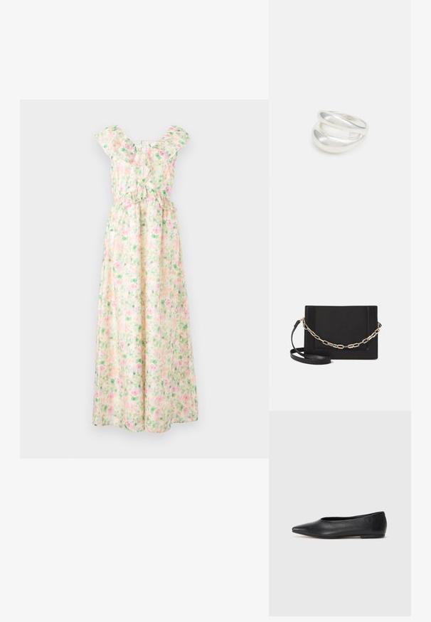 Maksi haljina od lagane tkanine s cvjetnim uzorkom u ružičastoj i zelenoj boji, s volanima oko vrata, kratkim rukavima i elastičnim strukom.; Crne kožne balerinke, uski vrh, minimalistički dizajn, glatka tekstura, niska peta, bez vidljivih dodataka ili ukrasa.; Crna kožna torba preko tijela s glatkom teksturom, pravokutnim oblikom i metalnim lancem na prednjoj strani. Uključena je podesiva naramenica.; Srebrna dvostruka prsten s glatkom, poliranom površinom. Karakterizira ga fluidan, zakrivljen dizajn s preklapajućim sekcijama za moderan izgled.