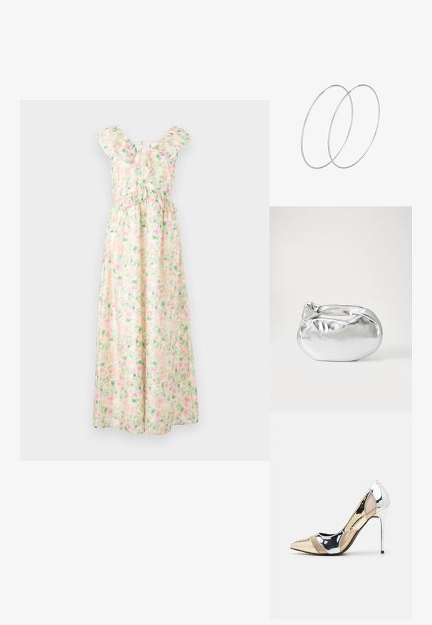 Maxi obleka iz lahkega materiala s cvetličnim motivom v roza in zeleni barvi, z nabranim dekoltejem, kratkimi rokavi in elastičnim pasom.; Čevlji z visoko peto in konico, v barvni kombinaciji srebrne, zlate in nude. Sijajna obdelava z izrezljanim dizajnom, z igličasto peto.; Srebrna kovinska torbica z mehko, zaobljeno obliko in zavezano zgornjo zaporo. Narejena iz gladkega umetnega usnja.; Srebrne uhane v obliki obroča z minimalističnim dizajnom. Krožna oblika, gladka tekstura in tanek profil. Lahki s poliranim zaključkom.