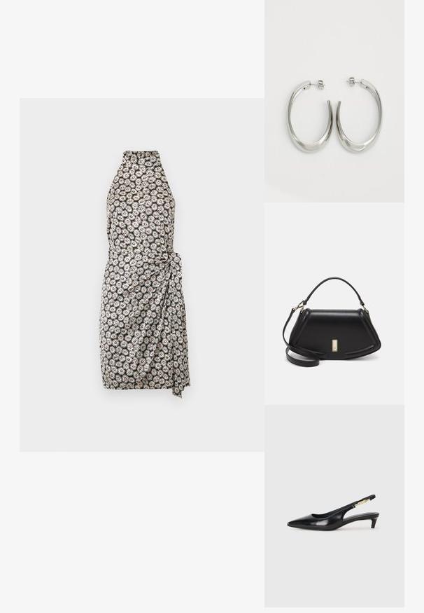 Svart och vit blommig klänning med hög krage, omslagdesign och sidoknytning. Har ett mönster av blomliknande tusenskönor.; Svart läder slingback-hälar med spetsig tå, med en smal klack och en guldtonad detalj på den justerbara remmen. Slät textur.; Svart läderhandväska med en strukturerad design, som har en avskuren form, ett handtag upptill och guldiga detaljer. Justerbar axelrem ingår.; Silverfärgade hoopsörhängen med en slät, böjd design. Har en glänsande metallisk yta och ett stiftlås. Inga synliga mönster eller detaljer.