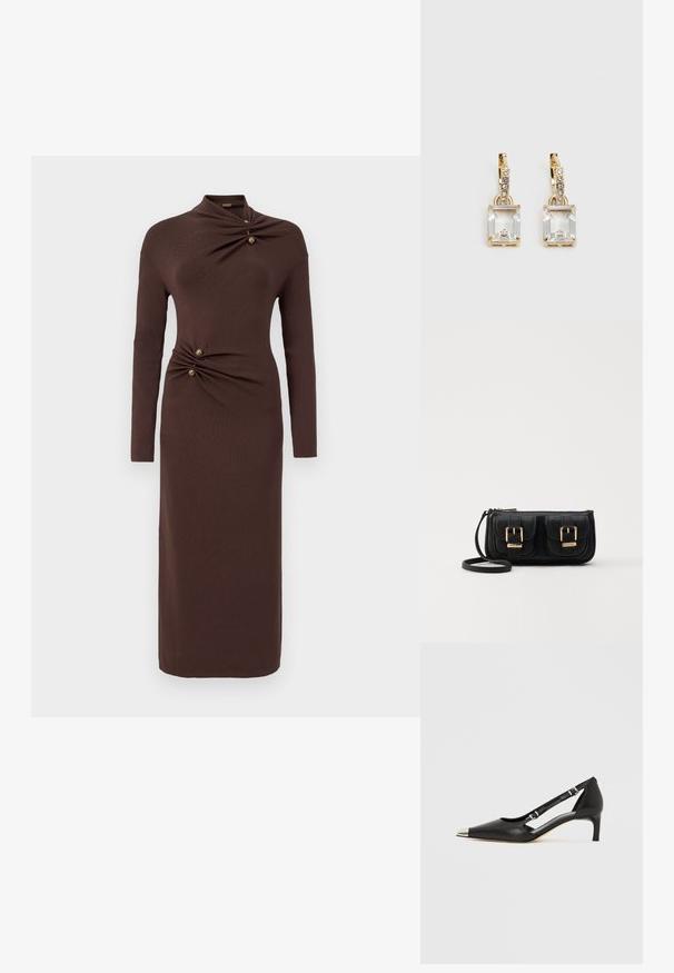 Brown long-sleeve dress featuring a high neckline, twist detail at the waist with two gold buttons, and a fitted, ankle-length design.; Black leather kitten heel with pointed silver toe cap and dual buckle straps on a white background.; Black leather crossbody bag with two front pockets, gold buckles, zipper closure, and a slim strap. Textured surface and compact rectangular shape.; Gold-tone earrings featuring a rectangular, clear crystal dangling below a row of small, round clear accents. Sleek, modern design.