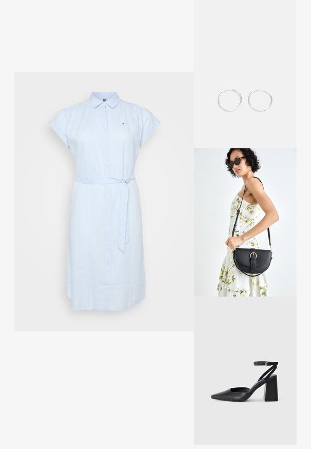 Šviesiai mėlyna mygtukinė suknelė, pagaminta iš kvėpuojančios medžiagos. Savybės: trumpi, apsukti rankovės, juosmens diržas, užrišamas, ir subtilus logotipo detalė.; Juoda odinė smailiagalė aukštakulnio bateliai su kulkšnies dirželiu ir storu kulnu. Lygus paviršius, elegantiškas dizainas ir minimalistiška estetinė. ; Juodas odinis krepšys su išlenkta forma, nuimamu dirželiu ir auksiniais detalėmis. Krepšys turi kilpą su sagtimi.; Sidabrinės auskarai žiedai su sėslia, apvalia forma, pasižymintys lygia paviršiumi ir be matomų puošmenų. Svoris nenurodytas.