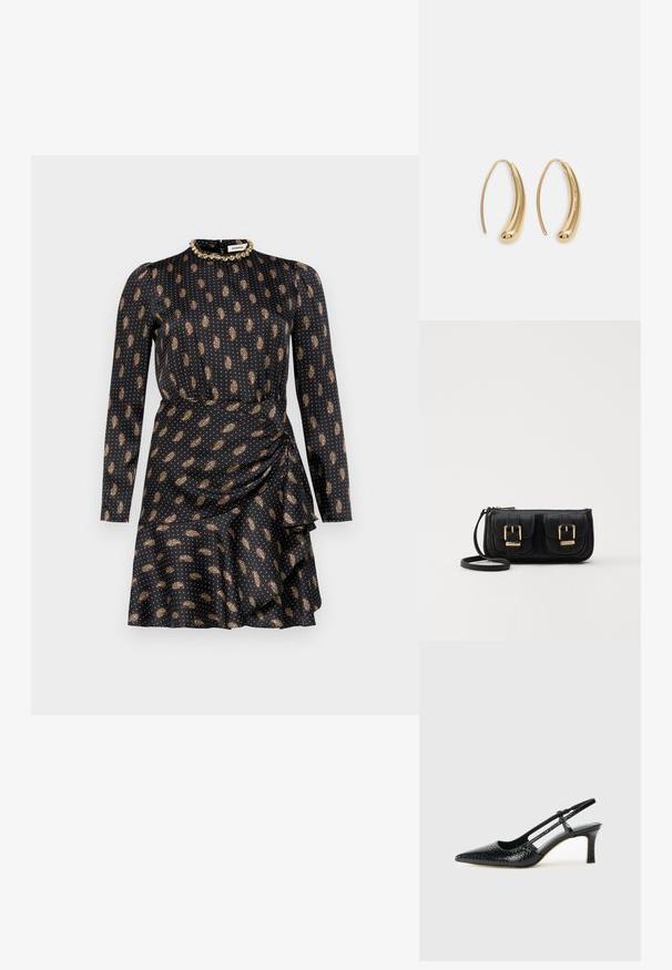 Langærmet sort kjole med prikket mønster og paisley-detaljer, med en samlet side og en volangkant; perledetalje ved halsudskæringen.; Sorte patent slingback hæl med spids tå, prydet med tekstureret slangeskindsmønster, justerbar rem og en kort, tekstureret blokhæl.; Sort læder crossbody taske med to frontlommer, guldspænder, lynlåslukning og en slank rem. Struktureret overflade og kompakt rektangulær form.; Guldfarvede metal hoops øreringe med en bøjet, forlænget form. Har en glat, skinnende overflade og en afrundet spids for ekstra detalje.