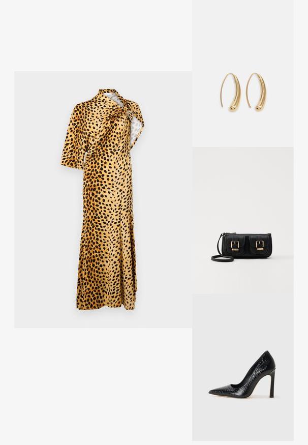 Rabanne - Długa sukienka; Czarne szpilki z ostrym noskiem, pokryte teksturą skóry krokodyla, charakteryzujące się eleganckim wzornictwem, wysokim obcasem w stylu stiletto oraz gładkim czarnym wnętrzem.; Czarna skórzana torba na ramię z dwoma przednimi kieszeniami, złotymi klamrami, zamkiem błyskawicznym i cienkim paskiem. Teksturowana powierzchnia i kompaktowy prostokątny kształt.; Złote metalowe kolczyki w kształcie obręczy o zakrzywionym, wydłużonym kształcie. Posiadają gładką, błyszczącą powierzchnię oraz zaokrąglony koniec dla dodatkowego efektu.