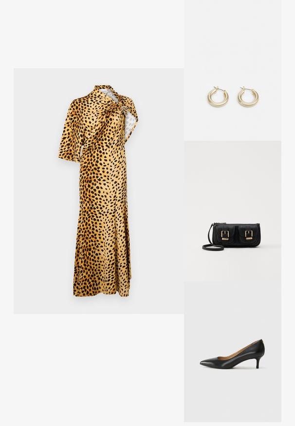 Rabanne Dolga obleka - tan; Črne usnjene črpalke s koničastim nosom, nizko peto in gladko teksturo. Imajo rahlo odprtino spredaj in minimalno opremo zadaj.; Črna usnjena torbica čez ramo z dvema sprednjima žepoma, zlatimi zaponkami, zadrgo in ozkim pasom. Tekstura površine je strukturirana, obliko pa ima kompaktno pravokotno.; Lauren Ralph Lauren BASIC SMALL HOOP - Uhani - gold-coloured