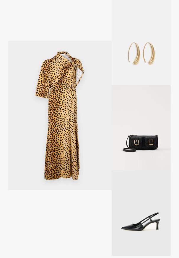 Rabanne Maxikjoler - tan; Sorte patent slingback hæl med spids tå, prydet med tekstureret slangeskindsmønster, justerbar rem og en kort, tekstureret blokhæl.; Sort læder crossbody taske med to frontlommer, guldspænder, lynlåslukning og en slank rem. Struktureret overflade og kompakt rektangulær form.; Guldfarvede metal hoops øreringe med en bøjet, forlænget form. Har en glat, skinnende overflade og en afrundet spids for ekstra detalje.