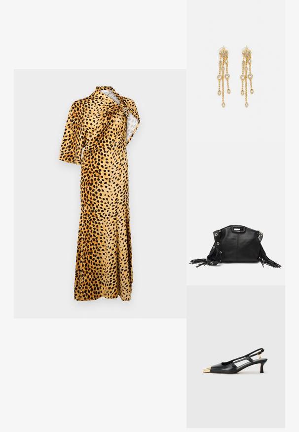 Rabanne Maksikleit - tan; Must must kottislingidega must nahkne king, millel on terav varvas ja kuldne metallist kapuuts. Omab lõikekujundust ning peaõhuke konts koos reguleeritava rihmaga.; Maje MISS MINI - Ülerinna-kott - noir; Kuldne tooni kõrvarõngad mitme voolava ahelaga, millel on selged ovaalsed rhinestone aktsendid ja dekoratiivsed stud-tippud.