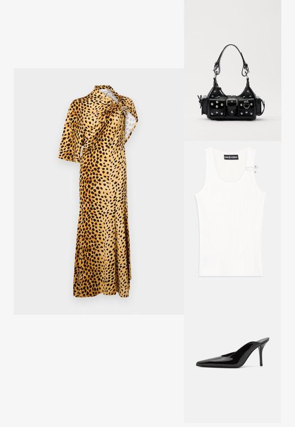 Rabanne Rochie maxi - tan; Top alb cu dungi, cu decolteu rotund și detaliu metalic pe umăr. Textură moale, design ajustat și stil fără mâneci.; Mule-uri cu toc înalt din piele lacuită neagră, cu vârful ascuțit și o siluetă elegantă, având un spate deschis și un toc subțire stilletto.; Geantă de piele neagră cu un design curbat, dotată cu studuri argintii, o cataramă și două buzunare laterale. Curea ajustabilă pentru opțiuni de transport.