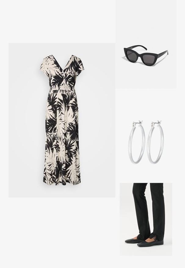 Czarna i kremowa sukienka maxi z dekoltem w szpic, krótkimi rękawami, elastycznym pasem i wzorem palmowych liści na całej powierzchni. Wykonana z lekkiego materiału.; Czarne skórzane baletki z ostro zakończonym noskiem, paskiem z srebrną klamrą, w połączeniu z czarnymi spodniami o dopasowanym kroju z rozcięciem u dołu.; Czarne okulary przeciwsłoneczne w kształcie kociego oka z matowym wykończeniem, z szarymi soczewkami, ostrymi kątami i smukłymi bocznymi ramionami. Nazwa marki widoczna na wewnętrznej części ramienia.; Srebrne kolczyki w formie kółek o gładkim, polerowanym wykończeniu. O okrągłym kształcie i pewnym zapięciu na klik. Lekka konstrukcja odpowiednia do codziennego noszenia.