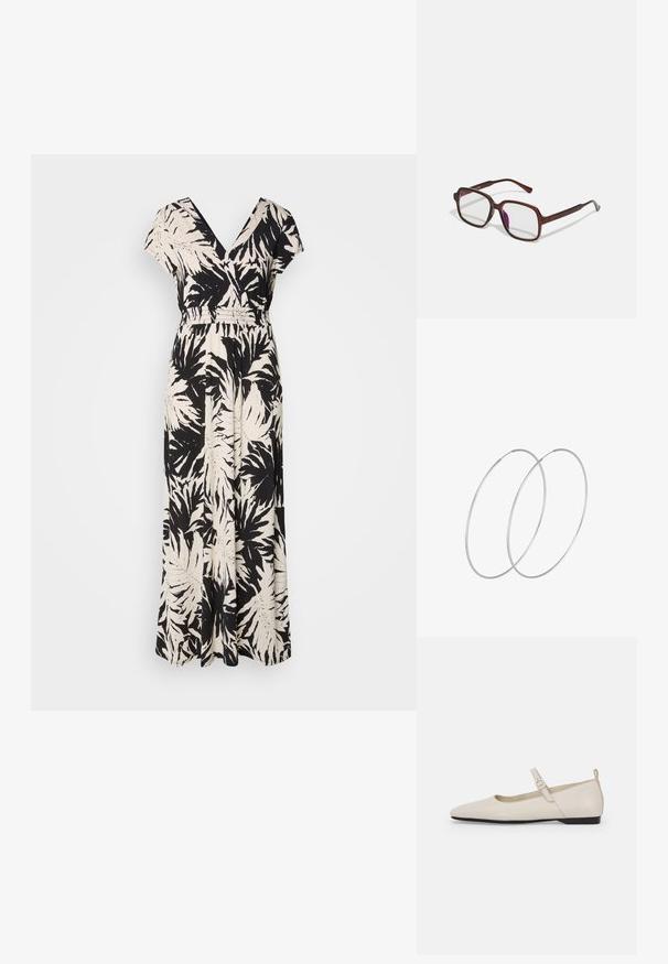 Juoda ir kreminė maksi suknelė, turinti V formos iškirpimą, trumpas rankoves, elastingą juosmenį ir palmų lapų raštą visame paviršiuje. Pagaminta iš lengvos medžiagos.; Balti odiniai Mary Jane batai su smailiu priekiu, šoniniu užsegimu ir žemu juodu kulniuku. Sklandus paviršius ir minimalistinis dizainas.; Rudos, stačiakampiai akinių rėmeliai su skaidriais lęšiais ir violetiniais atspalviais. Lygus plastikinis rėmas su tiesiomis šventyklomis ir subtiliais akcentais.; Sidabrinės pusmėnulio auskarai minimalistiniu dizainu. Apskritimo forma, lygus paviršius ir plonas profilis. Lengvi su poliruotu apdailu.