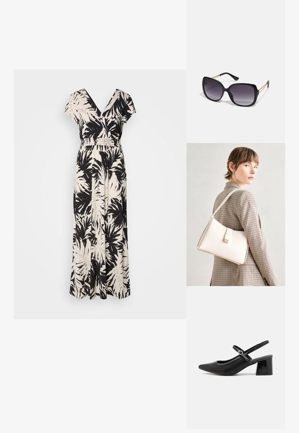 Čierne a krémové maxi šaty s výstrihom do V, krátkymi rukávmi, elastickým pásom a vzorom palmových listov. Vyrobené z ľahkej látky.; Čierne lakované kožené lodičky so slingback dizajnom, špicatou špičkou, zaobleným výrezom a blokovým podpätkom. Obsahuje akcent zlatého tónu s prackou.; Čierne oversized slnečné okuliare s gradientovými sklíčkami, hrubými rámami a zlatým retiazkovým detailom na stranách.; Biely kožený kabelka so štruktúrovaným dizajnom, s magnetickým uzáverom a ramenným popruhom, vystavená na neutrálnom pozadí.