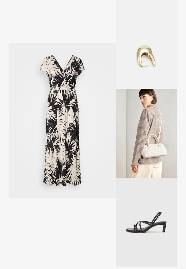 Mustapohjainen ja kerma maxi-mekko, jossa on V-pääntie, lyhyet hihat, elastinen vyötärö ja koko mekon mittainen palmunlehtikuosi. Valmistettu kevyestä kankaan.; Mustat hihnalligat, joissa on neliön muotoinen kärki ja matala lohkokorko. Ominaisuuksiin kuuluu useita ohuita hihnoja ja säädettävä nilkkahihna. Valmistettu sileästä nahasta.; Valkoinen rakenteellinen käsilaukku, jossa on lyhyet kahvat ja olkahihna, varustettu kultaisilla metalliosilla ja tekstuurilla, esillä harmaata taustaa vasten.; Kultahipuinen korvakoru, jossa on sulavalinjainen, kaareva muotoilu. Ominaisuuksiin kuuluu erottuva terävä muoto, kiillotettu pinta ja sarana kiinnitys.