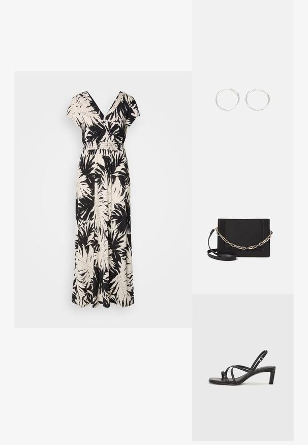 Čierne a krémové maxi šaty s výstrihom do V, krátkymi rukávmi, elastickým pásom a vzorom palmových listov. Vyrobené z ľahkej látky.; Čierne sandále na vysokom podpätku so štvorcovou špičkou a nízkym blokovým podpätkom. Obsahujú viacero tenkých popruhov a nastaviteľný členkový popruh. Vyrobené z hladkej kože.; Čierna kožená crossbody taška s hladkou textúrou, obdĺžnikovým tvarom a kovovým reťazovým detailom na prednej strane. Súčasťou je nastaviteľný popruh.; Strieborné kruhové náušnice s elegantným, okrúhlym dizajnom, s hladkým povrchom a bez viditeľných ozdôb. Priemer nie je špecifikovaný.