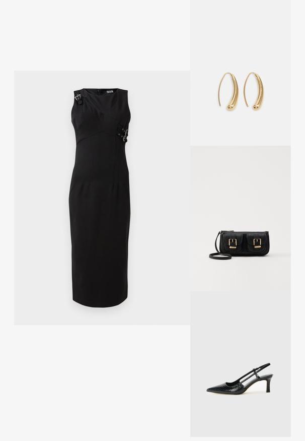 Černé upnuté šaty bez rukávů, se strukturovaným korzetem, bočními detaily s kovovými akcenty a rovnou sukní ke kolenům.; Černé lakované slingback podpatky s špičatou špičkou, zdobené texturovaným hadím vzorem, nastavovacím páskem a krátkým texturovaným blokovým podpatkem.; Černá kožená crossbody taška se dvěma předními kapsami, zlatými přezkami, zipovým uzávěrem a štíhlým popruhem. Texturovaný povrch a kompaktní obdélníkový tvar.; Náušnice ve tvaru kruhu z pozlaceného kovu s vroubkovaným, prodlouženým tvarem. Mají hladký, lesklý povrch a zaoblený konec pro zvýraznění detailu.