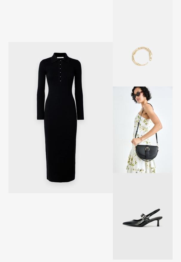 Czarna, żebrowana sukienka dzianinowa z długimi rękawami, kołnierzykiem i zapięciem na guziki z przodu. Dopasowany krój, długość do połowy łydki.; Czarne lakierowane szpilki slingback z wąskim noskiem i małym słupkiem, z ozdobnym srebrnym klamrą na pasku.; Czarna skórzana torebka o zakrzywionym kształcie, z odpinanym paskiem i złotymi akcentami. Torebka posiada klapę z zapięciem w kształcie klamry.; Pierścionek w odcieniu złota z organicznym, skręconym wzorem, o gładkiej fakturze i zwężających się końcach, tworzący nowoczesny, rzeźbiarski wygląd.