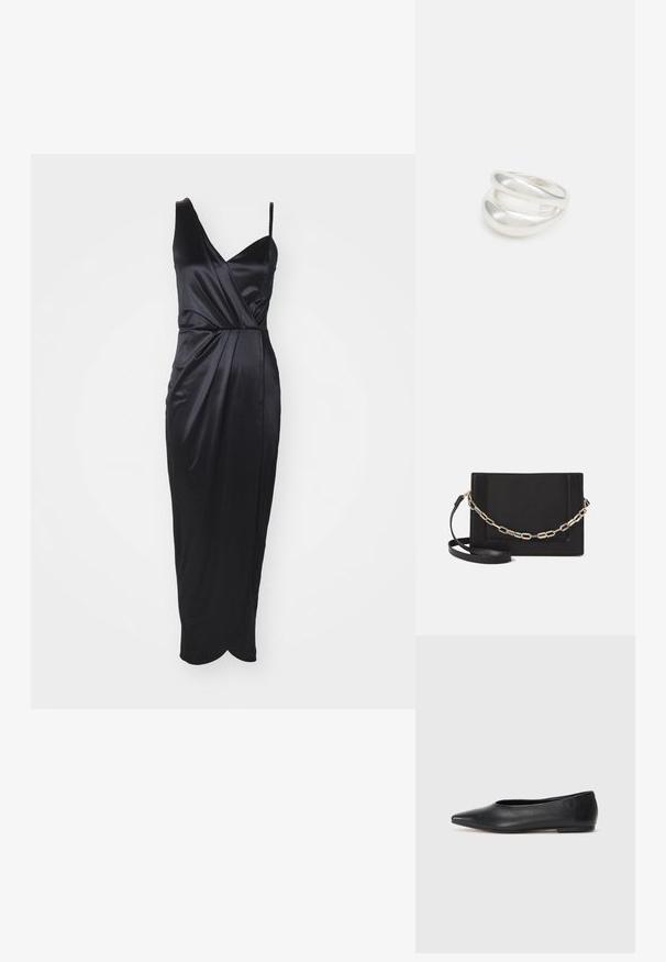 Must must õhtukleit V-kaelusega ja õhukeste rihmadega, drapeeritud esiosa ja põlvekõrguse äärisega. Sile, läikiv tekstuur.; Musthave mustris balletkingad, terav nina, minimaliseeritud disain, sile pind, madal konts, ilma nähtava riistvara või kaunistusteta.; Mustast nahast õlakott, mis omab siledat tekstuuri, ristküliku kuju ning esiküljel metallketi detaili. Reguleeritav rihm on kaasas.; Hõbedane kahekordne rõngas sujuva, poleeritud pinnaga. Omab voolavat, kõverat disaini, millel on kattuvad sektsioonid, et saavutada kaasaegne ilme.