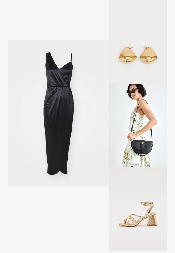 Must must õhtukleit V-kaelusega ja õhukeste rihmadega, drapeeritud esiosa ja põlvekõrguse äärisega. Sile, läikiv tekstuur.; Kuldne metallik kontsandaalid, millel on rihmadega disain, ruudukujuline plokkkonts ja reguleeritav pahkluu rihm klambriga. Sile tekstuur.; Mustmust mustraha kõverate joontega, eemaldatava rihmaga ja kuldsete detailidega. Kotil on klapp, millel on pandladetail.; Kuldtoon metall kõrvarõngad, millel on sile, ümar kolmnurkne kuju ja tagaküljel olev kinnitamine; peeglilaadne pinda, millel on minimaalne detailide hulk.