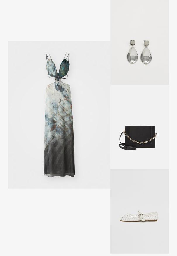 Rochie maxi cu bretele ajustabile, având un model abstract în nuanțe de albastru, gri și maro, dintr-un material fluid și transparent.; Pantofle albe, plate, cu vârful ascuțit, împodobite cu studs argintii, dotate cu o curea cu cataramă peste glezna piciorului și cu o talpă de culoare maro deschis.; Geantă de umăr din piele neagră, cu o textură netedă, formă rectangulară și un detaliu din lanț metalic în față. Include curea reglabilă.; Cercei din argint cu stud pătrat, având un finisaj neted și lustruit, într-o formă de lacrimă, care reflectă lumina cu o suprafață lucioasă.