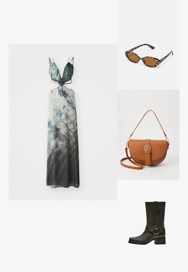 Maxiklänning med justerbara spagettiband, som har ett abstrakt mönster i blå, grå och bruna nyanser, med ett flödande genomskinligt tyg.; Brun läderankelsko med kvadratisk tå, kort blockklack och dekorativ spännesträpp med silverdetaljer. Slät textur, enkel design.; Sköldpaddsmönstrade solglasögon med ovala linser, bruntonade, tunna bågar med texturerat mönster, lätt plastbåge.; Brun läder crossbody-väska med en böjd form, gyllene detaljer och en spänneaccent. Har en avtagbar axelrem.