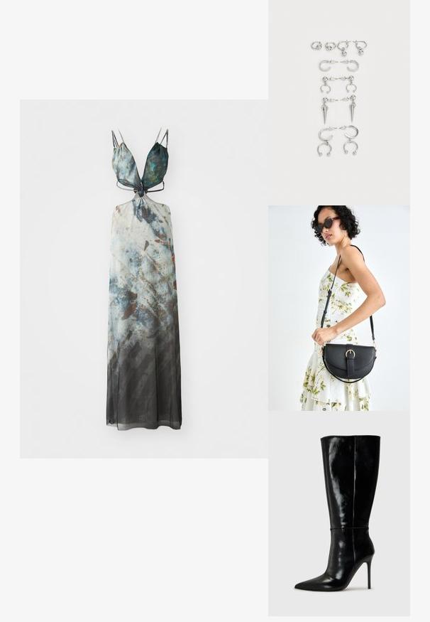 Maxikleid mit verstellbaren Spaghetti-Trägern, das ein abstraktes Muster in Blau-, Grau- und Brauntönen zeigt, aus einem fließenden, durchsichtigen Stoff.; Schwarze Leder-Knielange Stiefel mit spitzem Schuh und hohem Stiletto-Absatz. Glatte Textur und elegantes Design, das sich durch minimale Details auszeichnet.; Schwarze Lederhandtasche mit geschwungener Form, abnehmbarem Tragegurt und goldenen Beschlägen. Die Tasche verfügt über einen Deckel mit einer Schnallen-Details.; Set von silbernen Ohrringen mit verschiedenen Designs: Creolen, Stecker und hängende Stile, mit Kugelakzenten und spitzen Elementen.