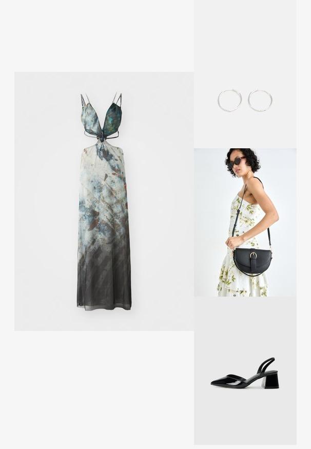 Maxikleid mit verstellbaren Spaghetti-Trägern, das ein abstraktes Muster in Blau-, Grau- und Brauntönen zeigt, aus einem fließenden, durchsichtigen Stoff.; Schwarze Lackleder-Slingback-High Heels mit spitzem Schuh und einem geometrischen Blockabsatz. Verfügt über ein schlankes, minimalistisches Design und eine glatte Textur.; Schwarze Lederhandtasche mit geschwungener Form, abnehmbarem Tragegurt und goldenen Beschlägen. Die Tasche verfügt über einen Deckel mit einer Schnallen-Details.; Silberne Creolen mit einem schlanken, runden Design, das eine glatte Oberfläche und keine sichtbaren Verzierungen aufweist. Durchmesser nicht angegeben.