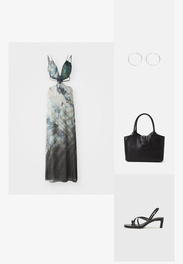 Maxi suknelė su reguliuojamomis spaghetti petnešomis, su abstrakčiu raštu mėlynos, pilkos ir rudos spalvų atspalvių, pagaminta iš plazdančio permatomo audinio.; Juodi šlepetės su kvadratiniu pirštu ir žemu bloku kulnu. Yra keli ploni dirželiai ir reguliuojamas kulkšnies diržas. Pagaminti iš lygios odos.; Juodas odinis nešiojamas krepšys su lygiu paviršiumi, struktūrine forma, dviem rankenėlėmis ir ryškiu sidabriniu sagties akcentu priekyje.; Sidabrinės auskarai žiedai su sėslia, apvalia forma, pasižymintys lygia paviršiumi ir be matomų puošmenų. Svoris nenurodytas.