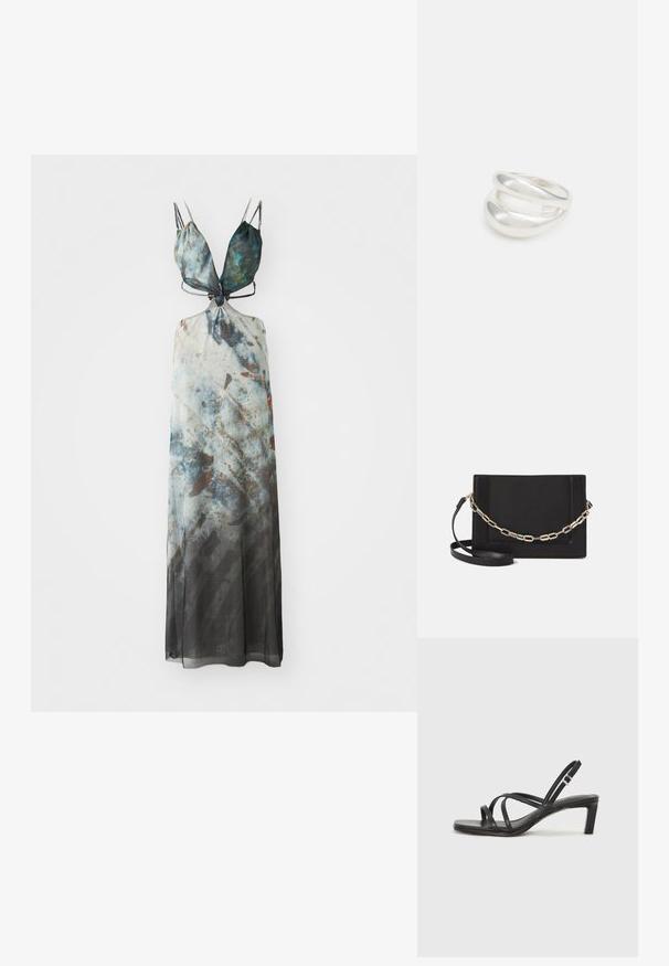 Maksimeelne kleit reguleeritavate õlapaeltega, millel on abstraktne muster sinistes, hallides ja pruunides toonides, ning voolav läbipaistev kangas.; Mustast rihmajalatsid ruudukujulise varba ja madala ploki kontsaga. Omab mitmeid õhukesi rihmasid ja reguleeritavat pahkluu rihma. Valmistatud siledast nahast.; Mustast nahast õlakott, mis omab siledat tekstuuri, ristküliku kuju ning esiküljel metallketi detaili. Reguleeritav rihm on kaasas.; Hõbedane kahekordne rõngas sujuva, poleeritud pinnaga. Omab voolavat, kõverat disaini, millel on kattuvad sektsioonid, et saavutada kaasaegne ilme.