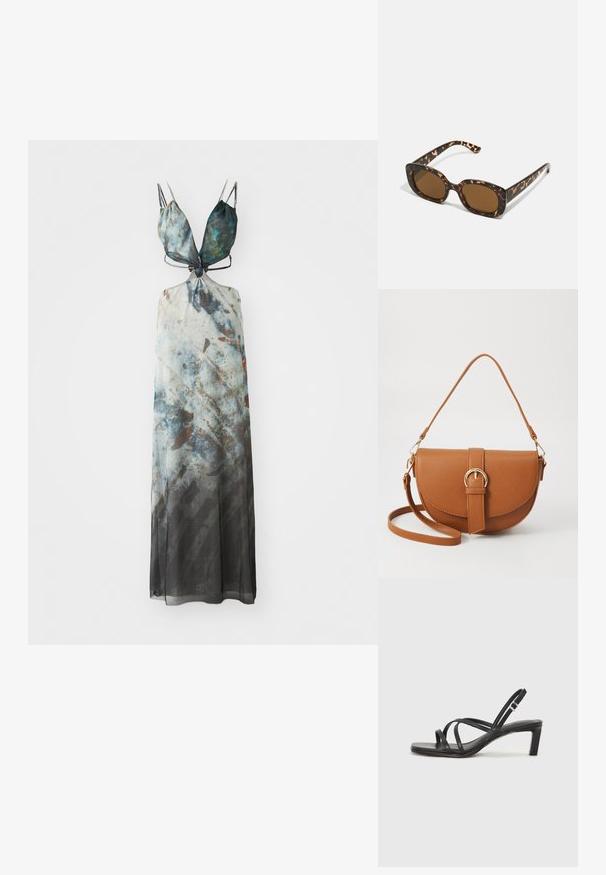 Maxi kjole med justerbare spaghetti-stropper, der har et abstrakt mønster i blå, grå og brune nuancer, lavet af et let, gennemsigtigt stof.; Sort remsandale med firkantet tå og en lav blokeret hæl. Har flere tynde stropper og en justerbar ankelrem. Fremstillet af glat læder.; Skildpadde-solbriller med en rund, kraftig ramme og brune linser. Har subtile mønstre og lige, afsmalnende stænger.; Brun læder crossbody taske med en buet form, guldfarvet hardware og en spændeaccent. Har en aftagelig skulderrem.