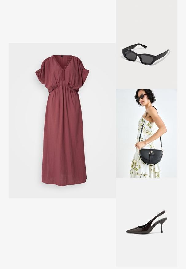 Bordová, dlhá maxi šaty s výstrihom do V, krátkymi puff rukávmi a elastickým pásom. Vyrobené z ľahkej tkaniny s jemnou textúrou.; Slingback vysoké opätky v lesklej tmavohnedej lakovej koži, so špicatou špičkou, otvorenými stranami a nastaviteľným remienkom na členku.; Čierne obdĺžnikové slnečné okuliare s hrubými rámami, tmavými sklami a ostrým dizajnom. Hladký plastový materiál bez viditeľných vzorov alebo akcentov.; Čierna kožená kabelka s zaobleným tvarom, odnímateľným popruhom a zlatými doplnkami. Kabelka má klopu s detailom s prackou.; Strieborný prsteň s dvojitým pásikom s hladkým, lesklým povrchom. Má plynulý, zakrivený dizajn s prekryvajúcimi sa časťami pre moderný vzhľad.