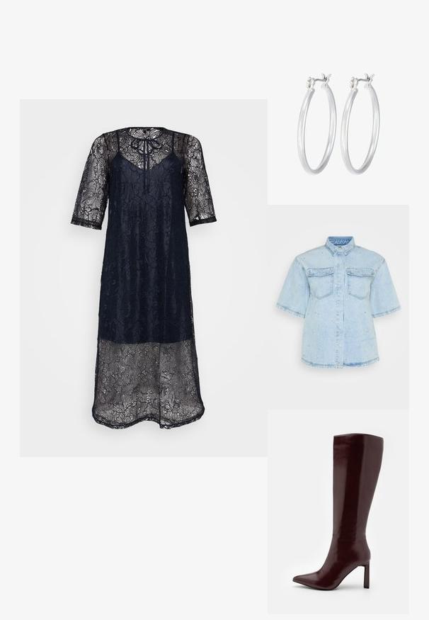 Námornícky modré čipkované šaty s krátkymi rukávmi, s viazaním na krku a zložitými kvetinovými vzormi. Priesvitná tkanina pre vrstvený efekt.; Svetlomodrá deninová košeľa s krátkymi rukávmi, obsahujúca dve predné vrecká a zdobená malými striebornými cvokmi po celom povrchu.; Even&Odd Čižmy - dark red; Strieborné kruhové náušnice s hladkým, lesklým povrchom. Kolový tvar a bezpečné klikanie na uzatváranie. Ľahký dizajn vhodný na každodenné nosenie.